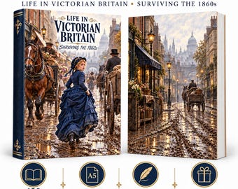 Op de afbeelding: Een hardcover dagboek getiteld Life in Victorian Britain: Surviving the 1860s, met een donkerblauwe rug en een omslagillustratie van een drukke 19e-eeuwse straatscène met een paardenkoets. Het dagboek bevat 120 kleurpagina's, A5-formaat (148 x 210 mm), ontworpen voor dagboekgebruik en geschenken.