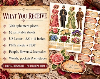 Op de afbeelding: Een digitale downloadset met 300 ephemera-stukken op 16 printbare vellen van 21,6 x 27,9 cm. De collectie bevat illustraties van mensen in historische kleding, diverse bloemstukken en kleine labels met de tekst A rose from our first summer.