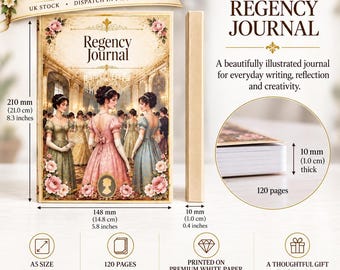 Op de afbeelding: Een Regency Journal notitieboek van 210 mm bij 148 mm en 10 mm dik. De kaft toont een illustratie van mensen in historische kleding in een balzaal, met de tekst Regency Journal. Het bevat 120 pagina's van wit papier.