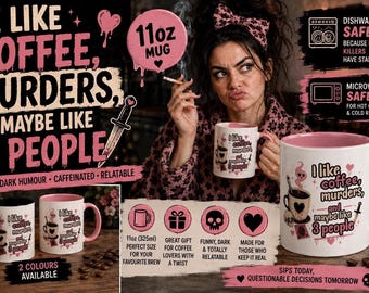 Magnetronbestendige mok, glanzend keramiek, 325 ml, in roze of zwart, met zwarte humor.