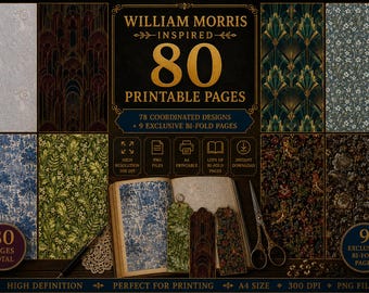 Op de afbeelding: Een verzameling van 80 printbare pagina's met patronen geïnspireerd door William Morris in blauw, groen en goud. De set bevat 78 gecoördineerde ontwerpen en 9 exclusieve vouwpagina's, aangeboden als PNG-bestanden met hoge resolutie.