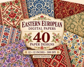Op de afbeelding: Een collectie digitaal papier met 40 Oost-Europese patronen, bloemmotieven en geometrische ontwerpen in rood, blauw, groen en paars. Het centrale label toont Eastern European Digital Papers 40 Paper Designs 30,48 x 30,48 cm 300 DPI.