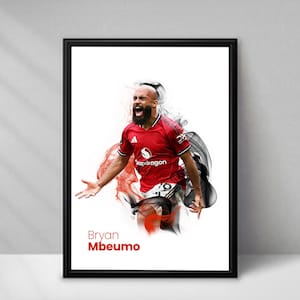 May include: Framed print featuring a soccer player in a red jersey with the Snapdragon logo. The player is celebrating with arms outstretched, set against a white background with red and black smoke effects. The name "Bryan Mbeumo" is printed in red.