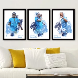3 Manchester City Football Posters – A4 or A3 Glossy Prints – Manchester City Wall Art Discount Bundle – Football Gift for Fans
