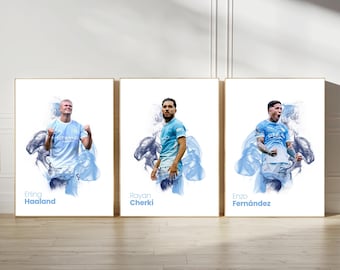 Man City Poster Prints, Football Wall Art, Choice of Listed Players, A4/A3, Single or Bundle of 3, Smoke Style