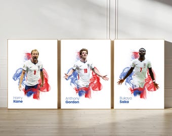 England Poster Prints, Football Wall Art, Choice of Listed Players, A4/A3, Single or Bundle of 3, Smoke Style