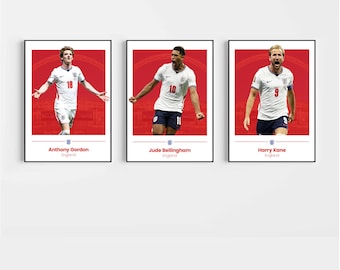 England Poster Prints, Football Wall Art, Choice of Listed Players, A4/A3, Single or Bundle of 3, Contemporary Style