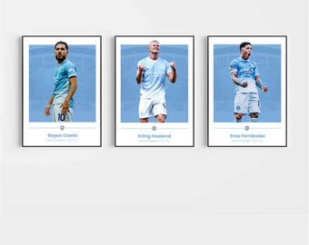 Man City Poster Prints, Football Wall Art, Choice of Listed Players, A4/A3, Single or Bundle of 3, Contemporary Style