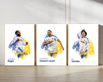 Leeds Poster Prints, Football Wall Art, Choice of Listed Players, A4/A3, Single or Bundle of 3, Smoke Style