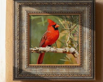 Original Red Cardinal Oil Painting, Bird on Branch Artwork, 5.9x5.9 inch Canvas Artwork, Wall Art Decor, Bird Lover Gift, Best Friend Gift