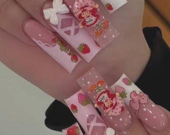 Set Nail Stickers Character Strawberry Themed Nail Art Stickers With 6 Nail Bows