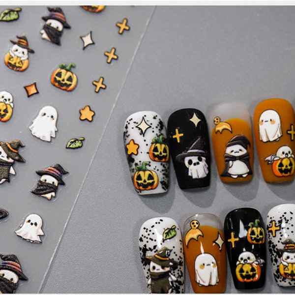 5D Halloween Nail Sticker, Embossed Nail Decal,Ghost- Pumpkin Nail Art Stickers, DIY Nails