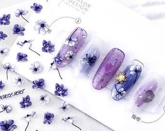 DIY Nail Supplies  Set of 5D Embossed  Purple Summer Flower Nail Decals Nail Art Stickers
