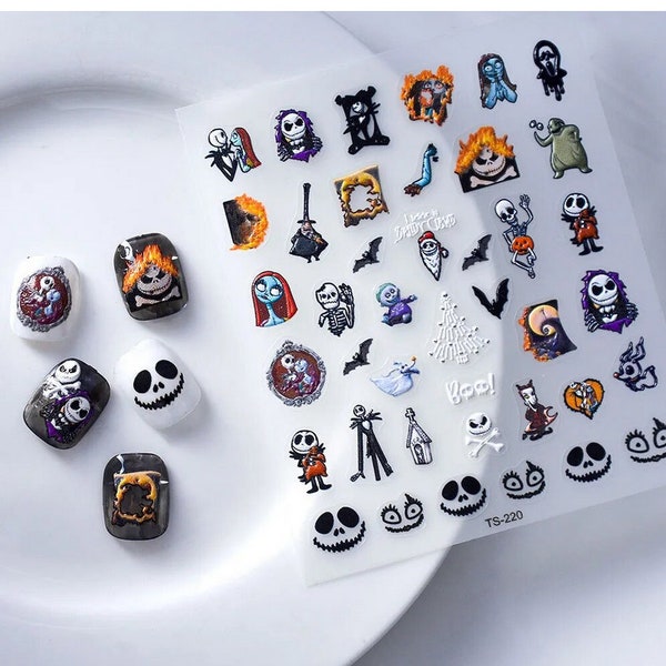 5D Nail Sticker, Jack & Sally Embossed Nail Decal, Nightmare Before Christmas Nail Art Stickers, DIY Nails