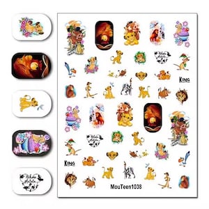 May include: A sheet of nail art stickers featuring characters from the Lion King movie. The stickers feature Simba, Nala, Mufasa, Scar, Timon, Pumbaa, and other characters. The stickers are printed on a clear background and are ready to be applied to nails.