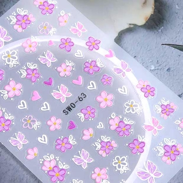 Set of 5D Flower Summer Nail Decals Heart & Butterfly Nail Art Stickers