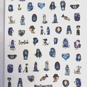 May include: Sheet of stickers featuring characters and imagery from the movie "Corpse Bride." The stickers include images of Emily, Victor, and other characters in shades of blue, black, and white. The text "Corpse Bride" and "MouTeen1028" are also visible.