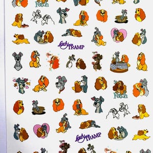 May include: Sheet of Lady and the Tramp themed stickers. The stickers feature various images of the characters, including Lady, Tramp, and other related graphics. The word "Fetch" and the phrase "Lady and the Tramp" are also included.