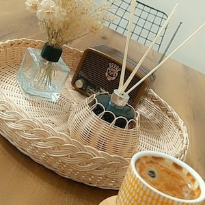 Woven Round Rattan Tray 13.50*2.3 inch, Wicker Serving Tray, Coffee Table Organizer, Breakfast in Bed, Boho Wicker Serving Tray for Table.