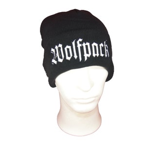 May include: Black knit beanie with a white embroidered "Wolfpack" logo.