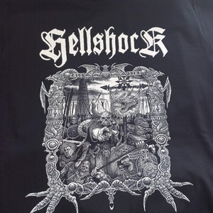 May include: Black t-shirt with a white graphic print of a band logo "Hellshcck" and a detailed illustration of a scene with multiple figures and a dragon.