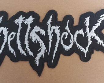 Hellshock, logo, embroidered backpatch, punk, merch, stenchcore, shaped, metal, crust