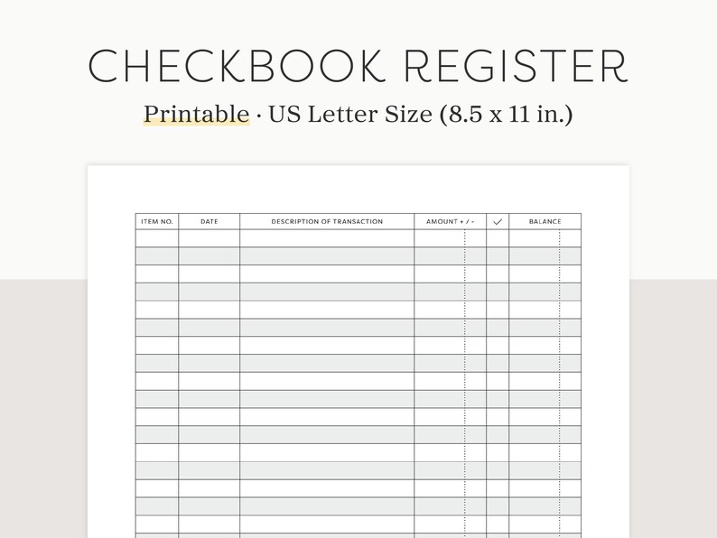 Printable Checkbook Register / PDF File / 8.5 X 11 Inch / Simple ...