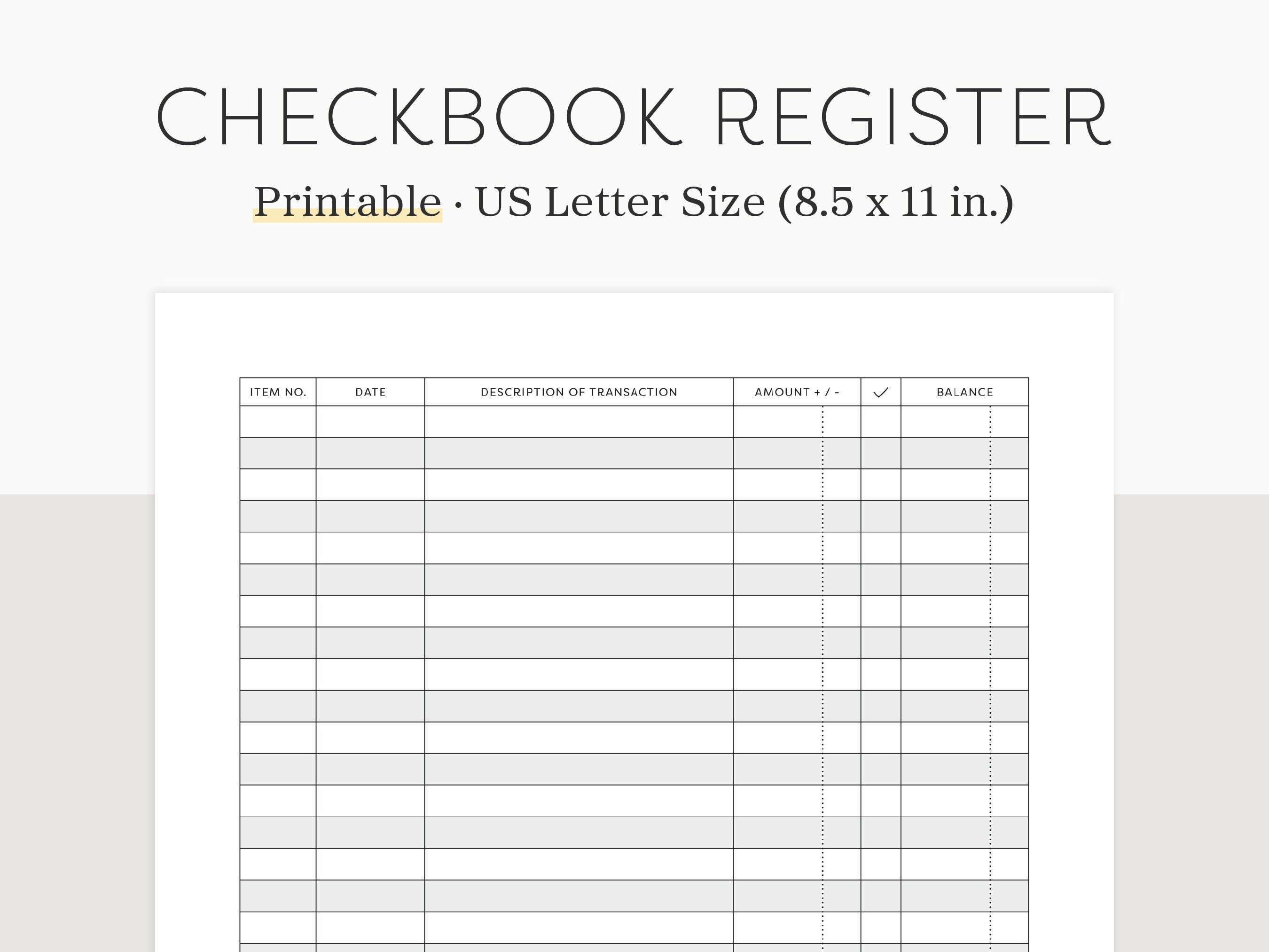 Printable Checkbook Register / PDF File / 8.5 X 11 Inch / Simple