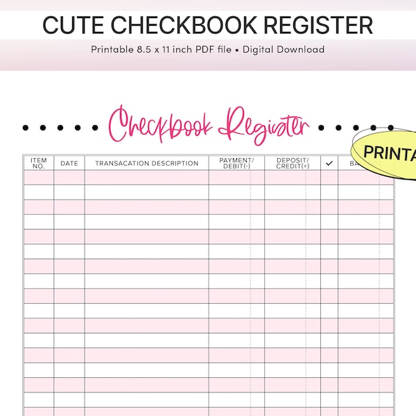 Printable Checkbook Register / Printable / PDF File / 8.5 x 11 inch / Pink