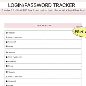 Printable Password Tracker / Login Tracker / PDF file / 8.5 x 11 inches / Blue, Pink, White