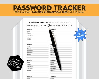 Printable Password Tracker with Alphabetical Tabs (Padlock) - Password Keeper, Reminder, Organizer & Log [A4/Letter, Instant Download PDF]