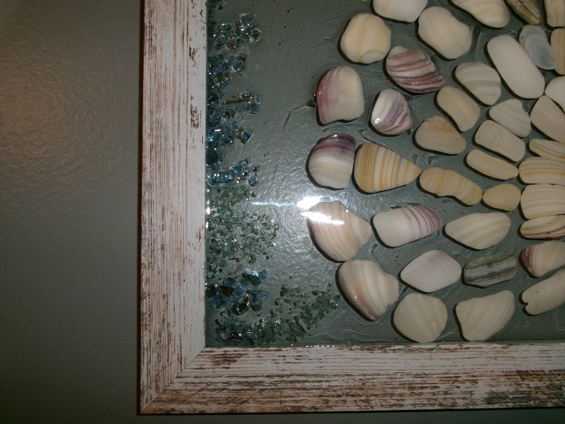 White Shell Frame With Blue and Green Sea Glass Coral - Etsy
