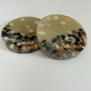 Coasters With Shells and Beach Pebbles in Beach Sand in Resin