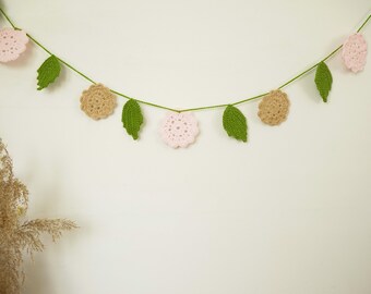 Crochet Pink Flowers Leaves Bunting | Boho Handmade Granny Crochet Garland | Unique Home Decor Gift Lace | Handmade Wall Hanging Decoration