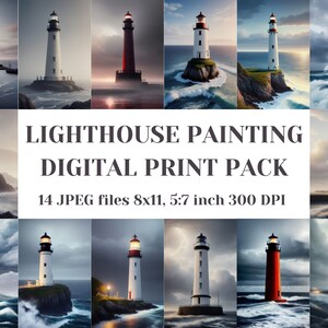 Lighthouse Painting Digital Print, vintage lighthouses, Seascape Print, Lighthouse Island Wall Art