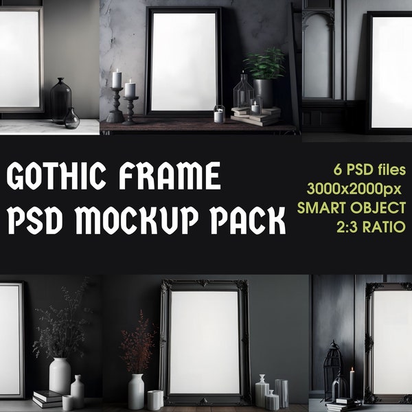 Gothic Frame PSD Mockup Pack, Digital Frame, 2:3 ratio Mockup, Gothic Interior Mockup, Dark frame Mockup