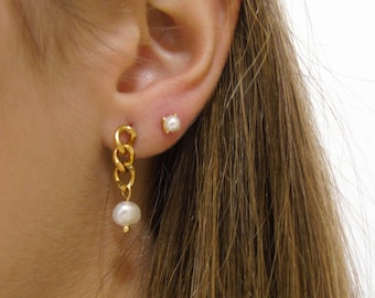 Pearl chain earring, Gold pearl earrings, Pearl dangle earrings, Minimalist earrings