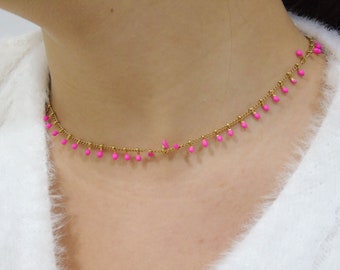 Fuchsia necklace, Dangling choker, Dainty necklace, Charms necklace, Tiny steel choker