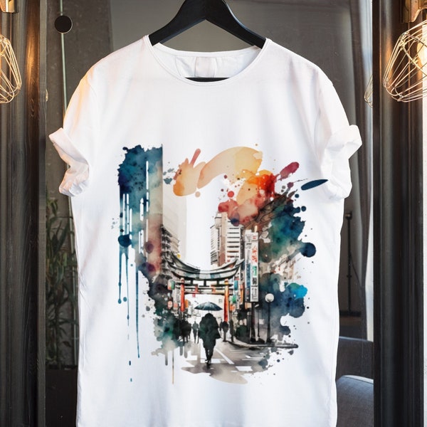 T-shirt street art okyo, chemise de paysage urbain aquarelle, t-shirt graphique aquarelle aponais, conception aquarelle urbaine et rue aquarelle réaliste