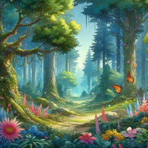 Op de afbeelding: Een fantasierijk boslandschap met een pad dat door de bomen loopt. De bosbodem is bedekt met wilde bloemen en twee oranje vlinders vliegen in de lucht.