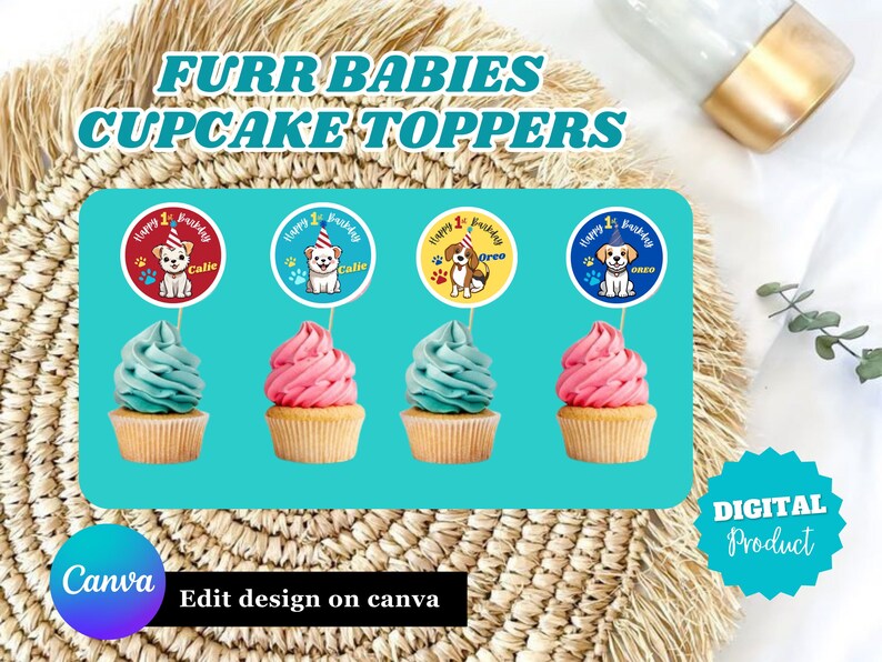 Cupcake Toppers, Dog Birthday Toppers, Puppy Cake Toppers, Pawty Circle Topper, DIGITAL ...