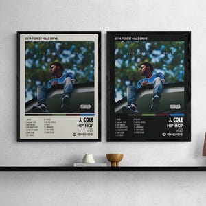 May include: Two framed posters featuring the album art for J. Cole's "2014 Forest Hills Drive." The posters show a man sitting on a rooftop. The album title, tracklist, and artist name are displayed in a minimalist design.