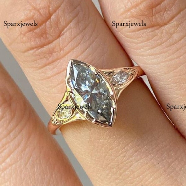 Marquise Cut Moissanite Ring Gray Moissanite Ring Grey Moissanite Ring 1.80 Ctw Three Stone Engagement Ring Bezel Set Moissanite Ring VVS1