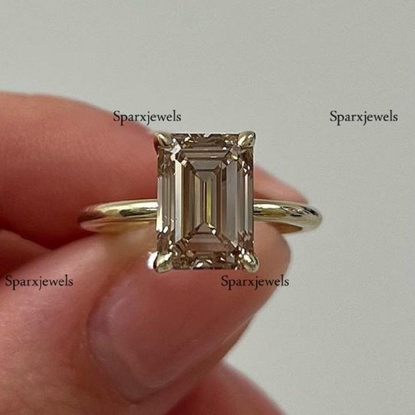 Champagne Engagement Ring Solitaire Champagne Moissanite Ring 2.50 Ct Emerald Cut Moissanite Ring Champagne Diamond Wedding Ring Bridle Ring