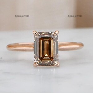 Dark Brown Moissanite Ring Solitaire Champagne Moissanite Ring 1.67 Ct Emerald Cut Moissanite Engagement Ring Champgne Diamond Wedding Ring