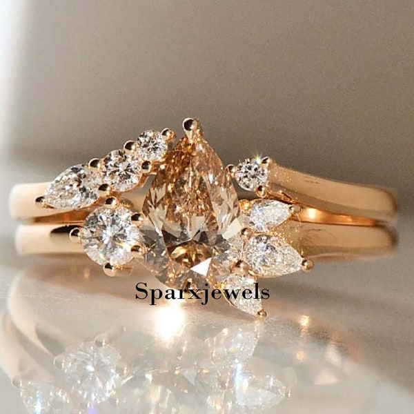 2.5 Ctw Pear Cut Champagne Moissanite Engagement Ring Set Cluster Champagne Diamond Wedding Ring Set With Matching Open Band Bridal Ring Set