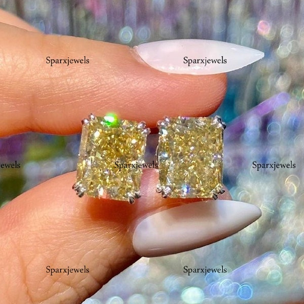 Canary Yellow Moissanite Earring Radiant Cut Stud Earring 8x6 mm Radiant Cut Yellow Moissanite Stud Earring Silver Diamond Earring For Woman