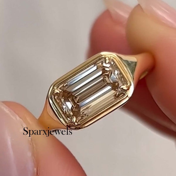 East West Champagne Moissanite Ring Bezel Set Solitaire Brown Moissanite Ring 2.50 Ct Emerald Cut Champagne Diamond Ring Gold Wedding Ring