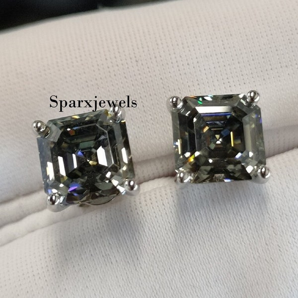 Square Grey Stud Earring Asscher Cut Moissanite Earring 7 mm Dark Gray Moissanite Earring Grey Moissanite Stud Earring Diamond Earring VVS1