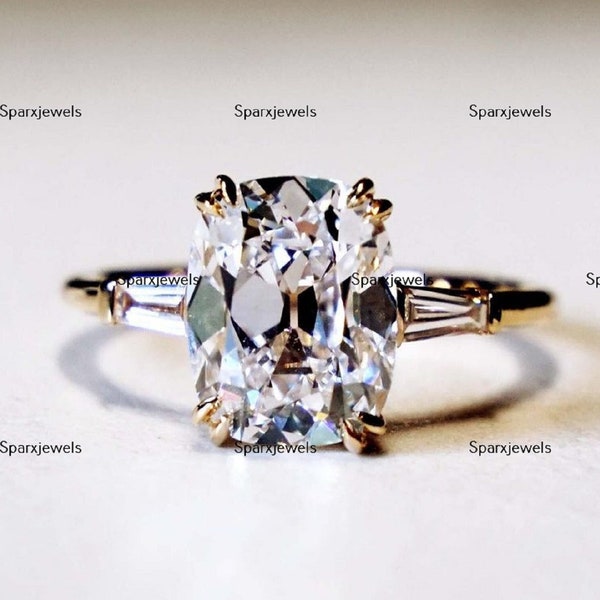 Elongated Long Cushion Cut Moissanite Antique Ring Old European Cut Moissanite Ring 2.70 Ctw 3 Stone Engagement Ring Old Mine Diamond Ring